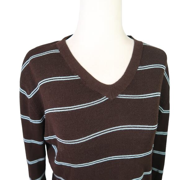Vintage 90s Club Monaco brown and blue striped knit v-neck sweater Women S - Picture 3 of 6